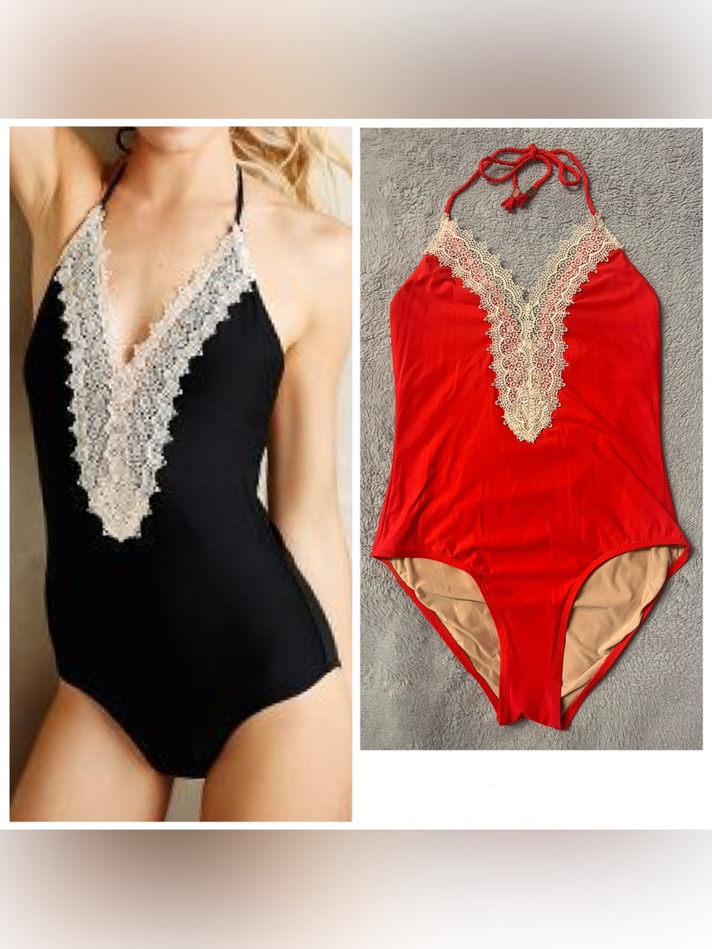 ANTHROPOLOGIE Mermaid Red Crochet Front One Piece Swimsuit  fits like Sz 12